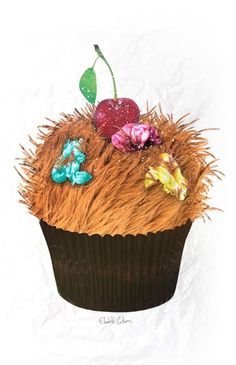 Hairy Cupcake Art Print by Elizabeth Cakovan | Society6 #bizarre #gum #food #hair #cherry #colorful #cupcake #surreal