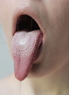 Lace Works by April Dauscha | iGNANT.de #fabric #pattern #saliva #girl #yuck #lips #body #embroidery #photography #textile #strange #tongue #lace