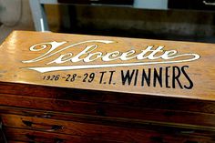 new piece of studio furniture. gold leafed the velocette motorcycle logo on it. #script #sign #vintage #painting #type