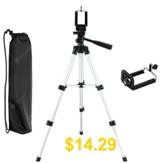 Three-way #Lightweight #Aluminum #Tripod #Camera #with #Cell #Phone #Clip #Holder #- #SILVER