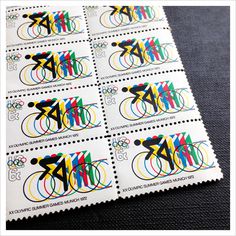 Cycling postage stamps by Lance Wyman commemorating the 1972 Munich Olympic Games. Photo © Amy Collier #cycling #stamps