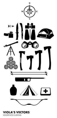 Wilderness - Camping Survival #vector #white #wilderness #camping #black #arrows #wood #illustration #lighter #and #axe #tent #binoculars