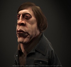 An animated 3D model of Anton Chigurh, a character from No Country for Old Men, is depicted in front of a black background, showcasing his iconic brown jacket.