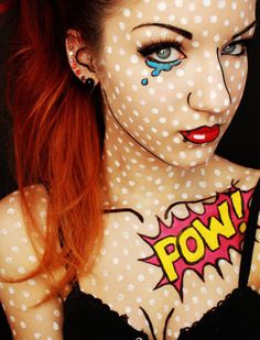 Comic hero inspired Halloween makeup tutorial. Very creative and colorful. The comically drawn tears, background and sfx make the overall lo
