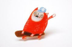 KATZI on skateboard shrink plastic brooch, cat #cat #jewellery #illustration #jewelry #brooch #skateboard