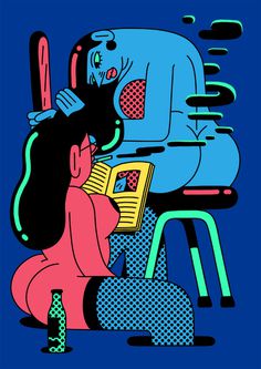 Simon Landrein #pink #women #illustration #blue