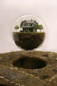 thomas doyle: miniature catastrophic glass-contained memories #earth #levitation #house #installation