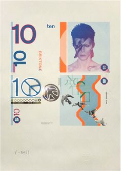 David Bowie Offset lithograph printed in colors with fluorescent ink and die-cut mirror with gold and silver foil on watermarked banknote pa