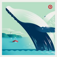 Illustration, Target, whale, sea, tugboat, lighthouse, harbor, blue, red, white, green, ripples, water, ad, advertisement