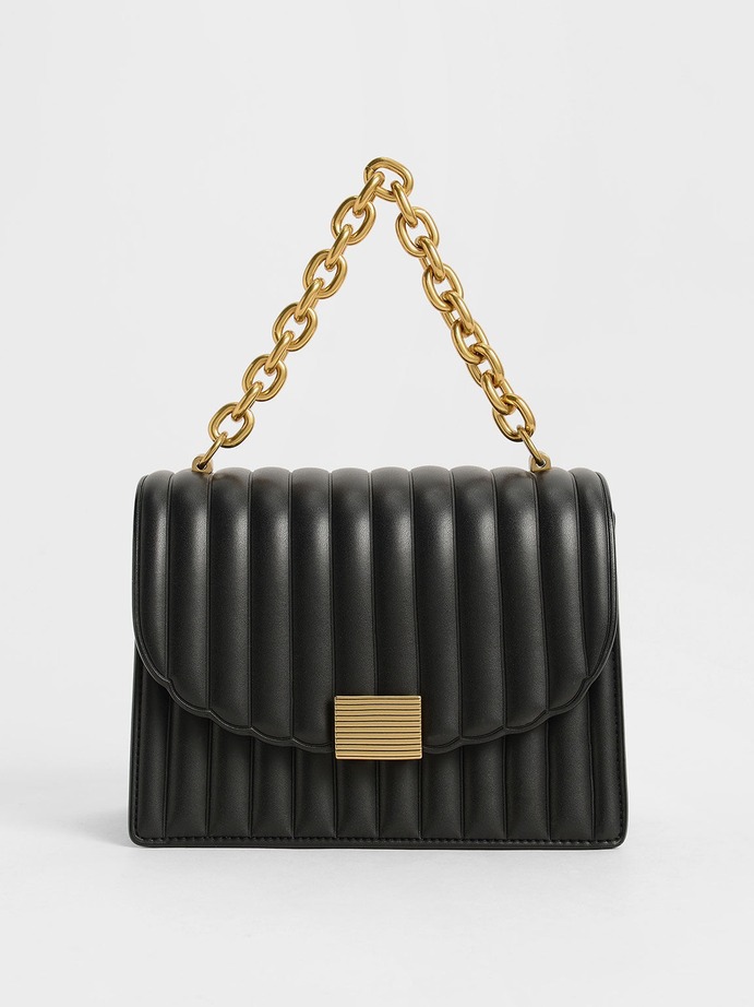 Panelled Chain Handle Bag, Black, hi-res