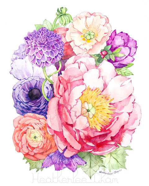 Peony Watercolor- Flower Art Painting - Pink Purple - Print - 8x10 #flowers