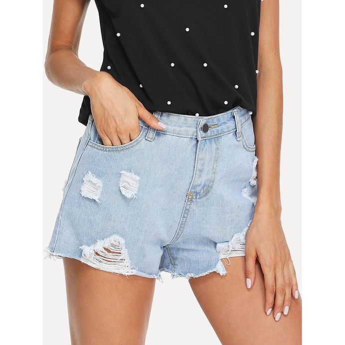 Fashiontage - Blue Mid Waist Raw Hem Ripped Denim Shorts - 837490376765