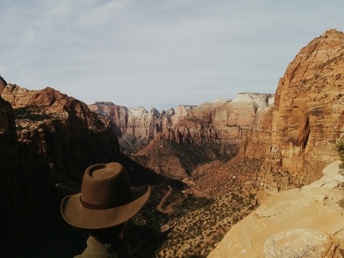Canyon Overlook, Zion National Park, Feb. 2014 - Photo By Brain Faini #rock #land #earth #utah #hat #leather #natural #zion #canyon #desert