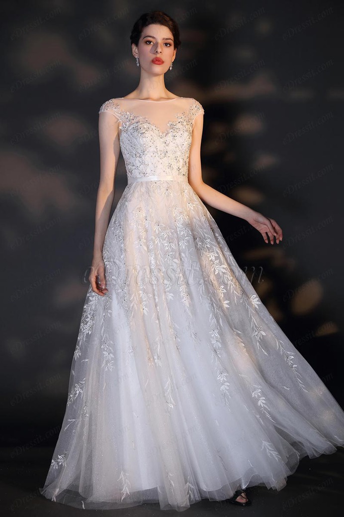 eDressit White Cap Sleeveless Lace Applique Wedding Dress (01204307)