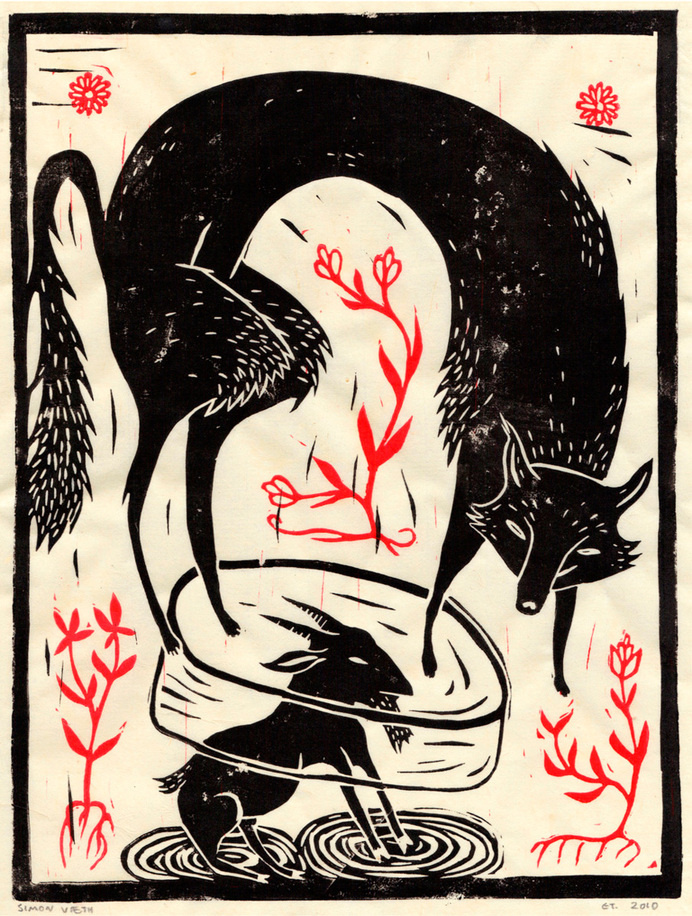 The Fox and the Goat, by Simon Væth. Hand printed linocut on rice paper. #line #fox #print #goat #illustration