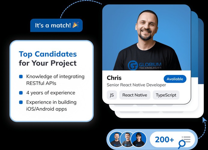 At Glorium Technologies, we offer highly skilled react native developers who specialize in creating efficient cross-platform code that seamlessly runs on Android, iOS, and the web. You can significantly reduce project timelines and costs by up to 50% for multi-platform targets.
