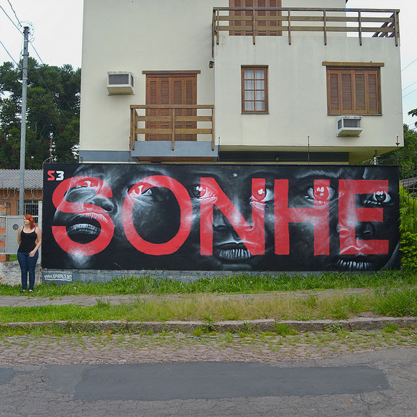 Sonhe / Dream by Marcos Torres #font #white #red #mural #spray #spiral3 #kid #black #illustration #paint #portrait #face #art #street #painting #type #helvetica #wall #brasil #typography