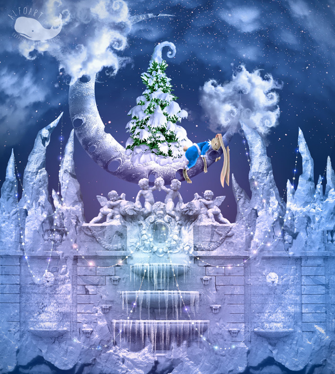 Learn how to create fairy tale style landscape with Christmas tree, Crescent Moon, surrealistic snow fountain and different winter elements