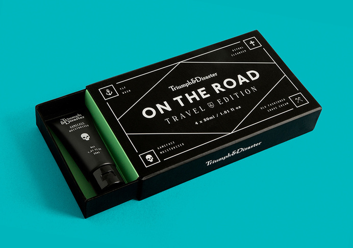 Packaging for Triumph & Disaster's travel kit On The Road designed by DDMMYY #packaging #container #icon #box #care #skin #typography