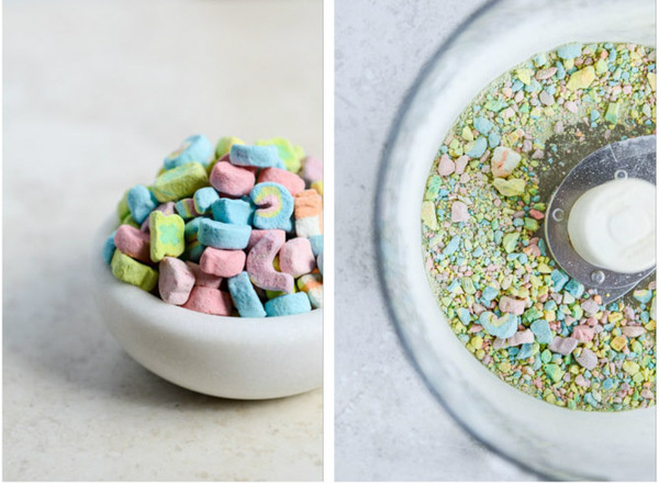 Boozy Lucky Charms Cereal Milkshakes with Marshmallow Frosting I howsweeteats.com #luckycharms #crumbs #cereal #rainbow #blender