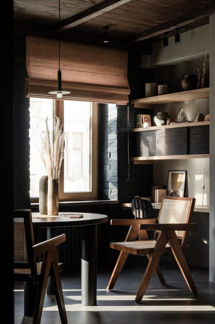 Dining area and built-in storage in Kyiv apartment