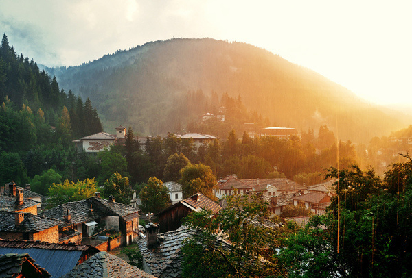 Bulgaria, Rodopi, Shiroka Laka #settlement #sun #haze #town #landscape #photography #sunrise #bulgaria #sunset #village #beauty