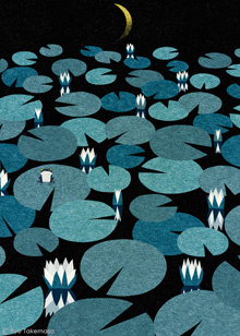 lily, lily pad, water, night, moon, dark, flower, landscape, illustration, ryotakemasa.com