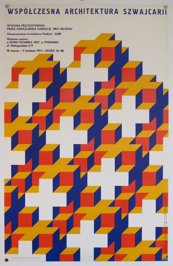 These interlocking crosses create an elaborate optical pattern for Nikolaus Schwabe's poster design of "Wspolczesna Architektura Szwwajc #design #architecture #poster