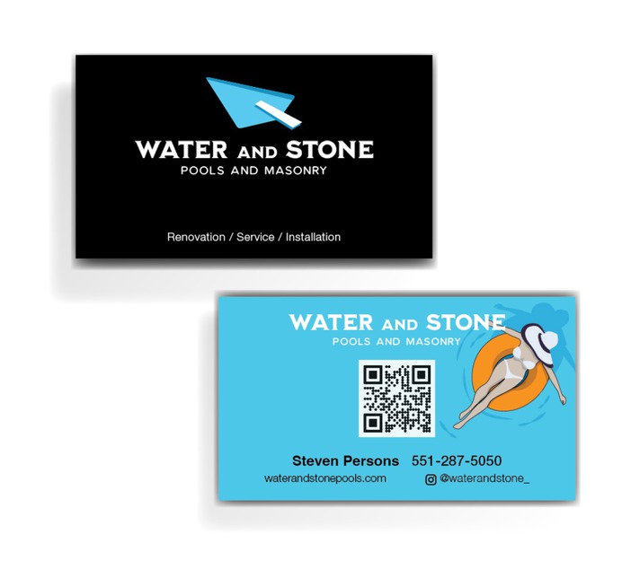 Water and Stone logo and business card design. An image of a swimming pool and a trowel combine to create this icon for a company that specializes in Pools and Masonry. Brilliant and award winning design.