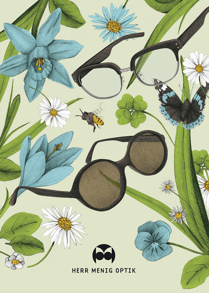 Ad illustration for Herr Menig Optik, an optician in Nürnberg Germany - www.philippzm.com #glasses #optician #sunglasses #illustrations #butterfly #ad #spring #flowers