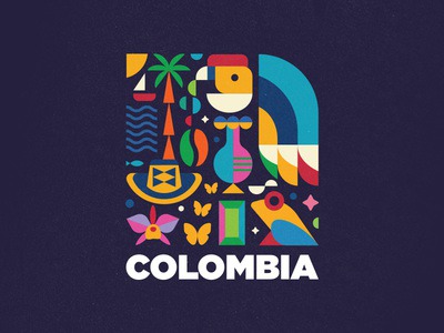 Colombia orquidea modern symbol coffee branding colorful emerald sea vueltiao hat flora frog yellow butterfly condor nature faune colombia illustration mark