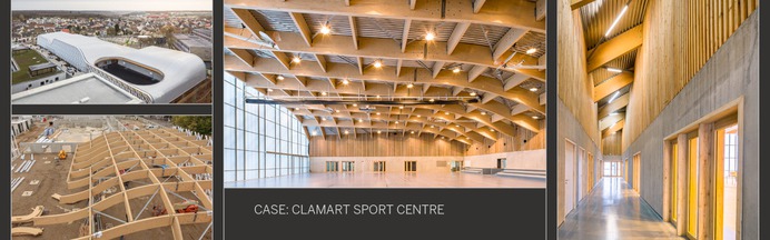 Long span wooden rafters enable the curved shape of Clamart sports centre