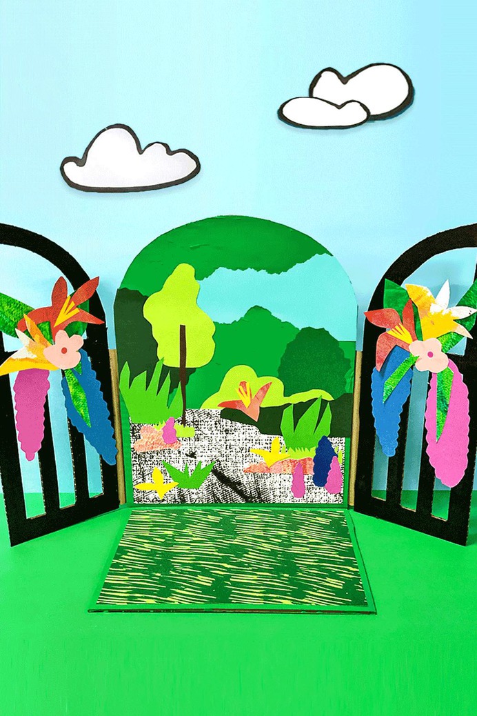 This DIY cardboard craft unfolds to reveal a secret garden! A wonderful spring or summer art project for kids that can be used for a small world play backdrop. | via barley & birch