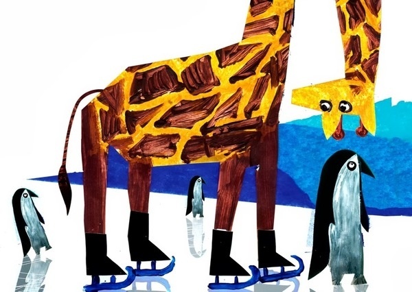 Człowiek z szuflady #giraffe #illustration #skates #painting #penguin #ice
