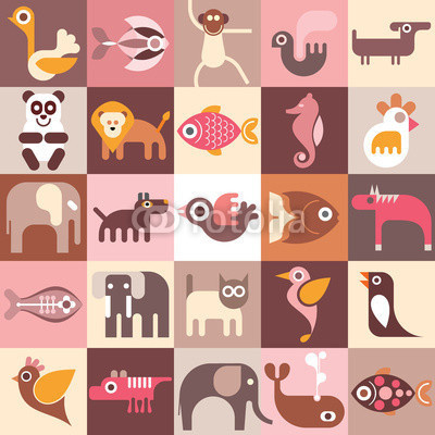 Animals, Fishes and Birds #seahorse #cat #monkey #elephant #illustration #pet #wild #lion #zoo #collage #jungle #dog #ostrich #icon #fish #bird #penguin #parrot #animal #life #horse #hummingbird #whale #panda #symbol