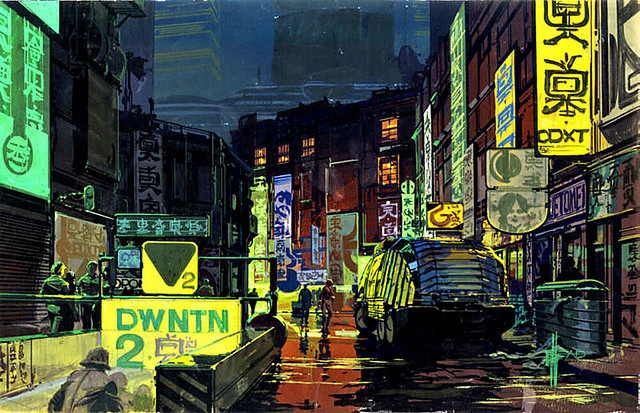 1980 ... street scene 'Bladerunner' -Syd Mead | Flickr - Photo Sharing! #mead #blade #night #runner #concept #art #street #signs #syd #neon