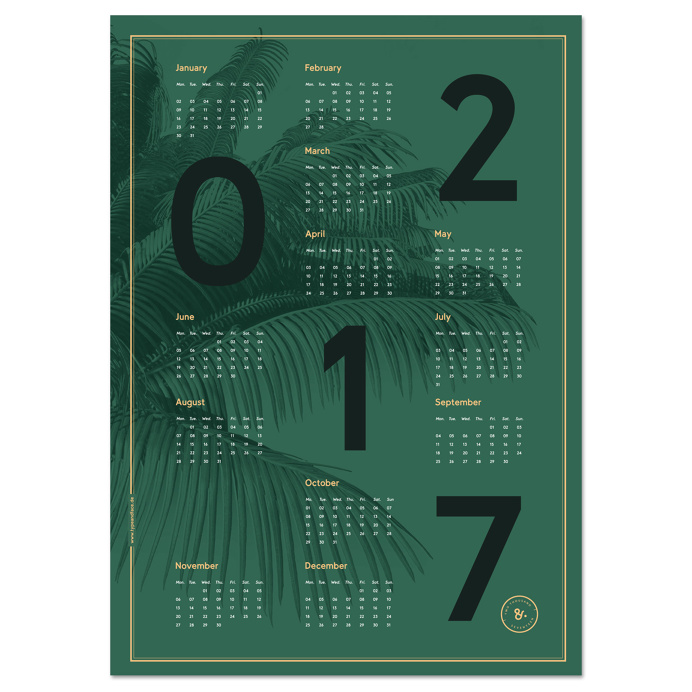 New beautiful dark green poster 2017 calendar poster in the size of 50 x 70 cm with nice big bold typography and golden golden and peach col
