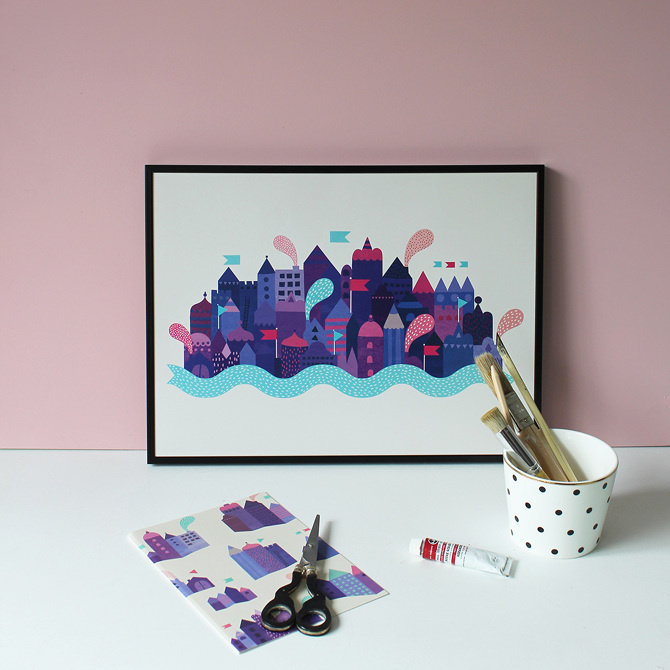 #nordic #design #graphic #illustration #danish #simple #nordicliving #living #interior #kids #room #poster #city #purple #houses #town