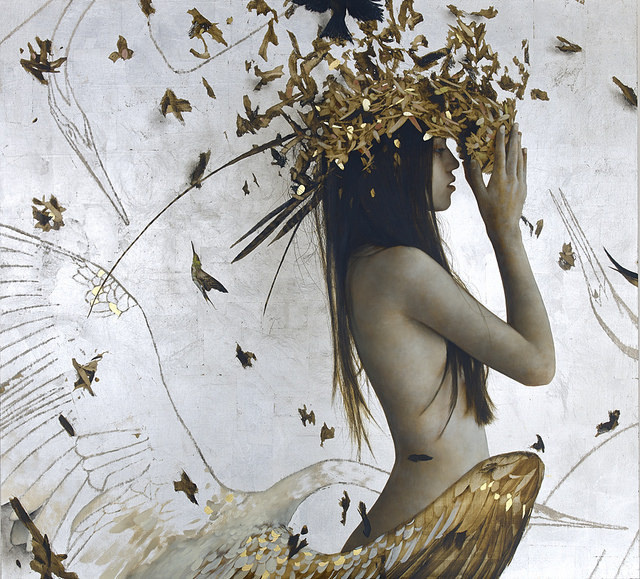 Preview: Brad Kunkle's "The Belonging" at Arcadia Contemporary | Hi-Fructose Magazine #crane #woman #girl #bird #portrait #gold #painting #pencil