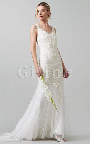 Abito da Sposa Classico Senza Maniche con Bottone Tubino in Pizzo