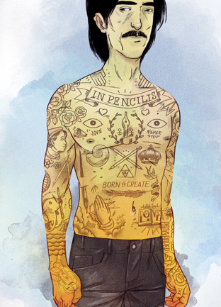 JEROME MIREAULT / colagene.com #hipster #eyesm #jesus #tattoo #illustration #moustach #skin #man #watercolor #jeans