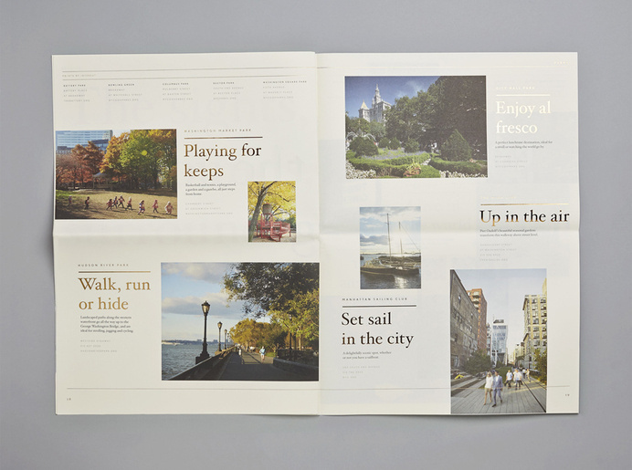 Gold foiled insiders guide for Four Seasons private residence Thirty Park Place designed by Mother #branding #black #identity #gold #stationery #layout #editorial