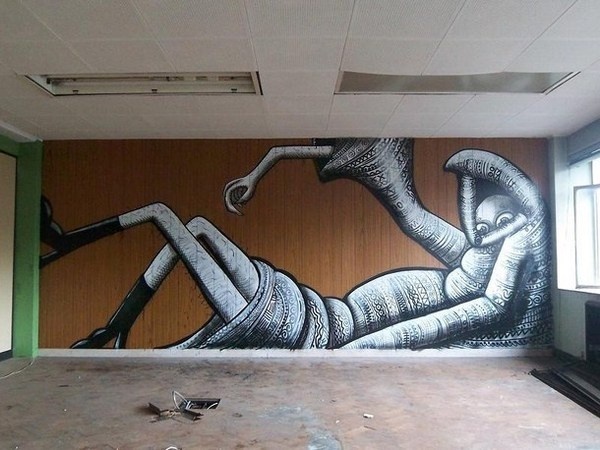 Black and white street art inside building #surrealism #abstract art #street art #surreal street art