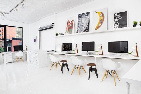 Office Space that inspires // Офис пространство, което вдъхновява | 79 Ideas #white #prints #office #books #clean #minimal #library #imac #shelf #eames