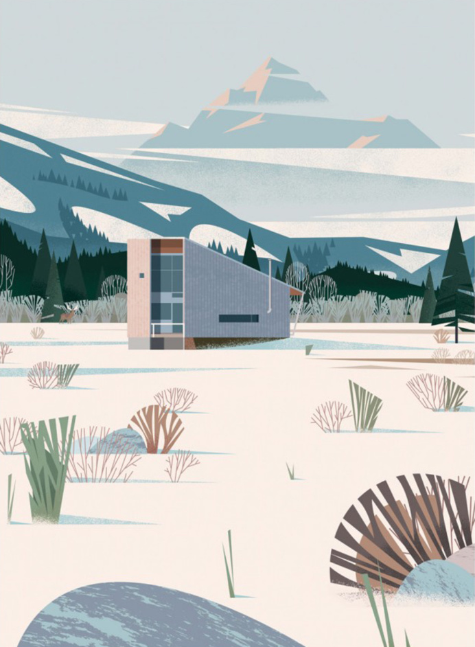 illustration, architecture, mountains, snow, winter, modern