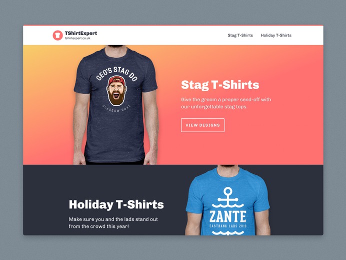 Landing page design for the new TShirtExpert website.