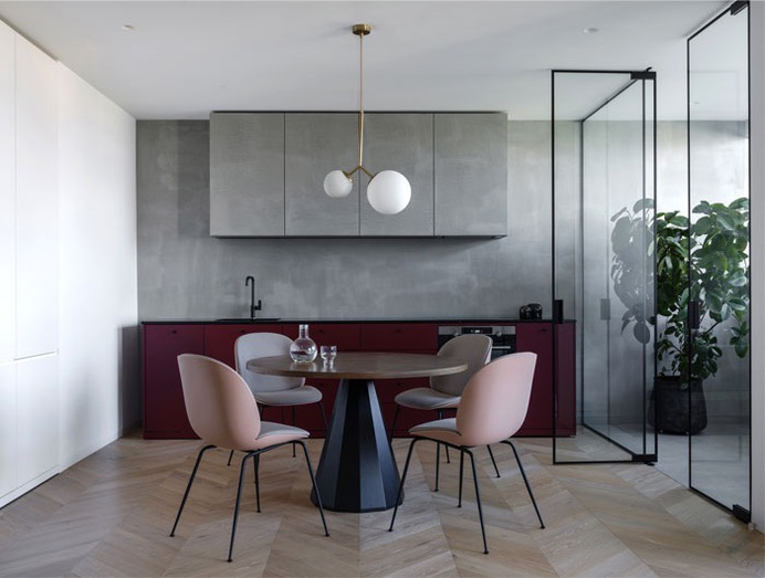 Open Plan Apartment Separated Only with Glass Panels - InteriorZine #kitchen #furniture #decor #interior #home #table #dining