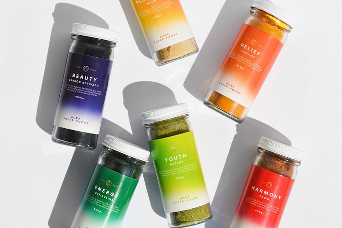 AURA Superfoods Packaging - Mindsparkle Mag Panel Studio designed Aura, a superfood brand inspired by the power of color and emotion. #logo #packaging #identity #branding #design #color #photography #graphic #design #gallery #blog #project #mindsparkle #mag #beautiful #portfolio #designer