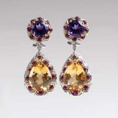 Outstanding pair of Amethyst-citrine-drop earrings with rubies and diamonds