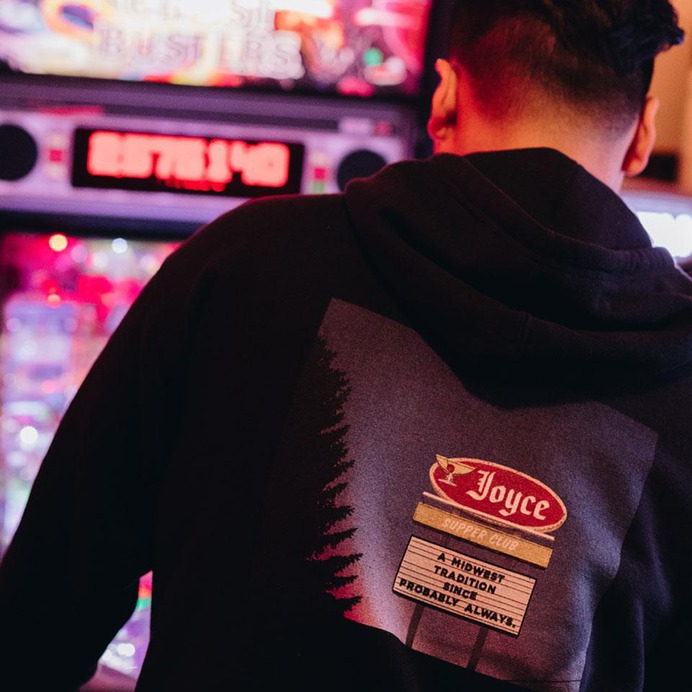 Roadside Hoodie The only restaurant that dads pull over for during a road trip. Heavy enough to double as a makeshift pillow. Does not come smelling like stale black coffee, but we wish it did. #JOYCE #supperclub #pinball #midwest #minneapolis #sweatshirt